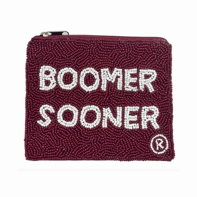 OU BOOMER SOONER OKLAHOMA UNIVERSITY BEADED ZIP COIN BAG - CRIMSON