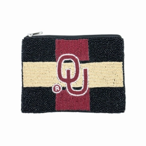 OU OKLAHOMA UNIVERSITY BEADED TRI COLOR ZIP COIN BAG