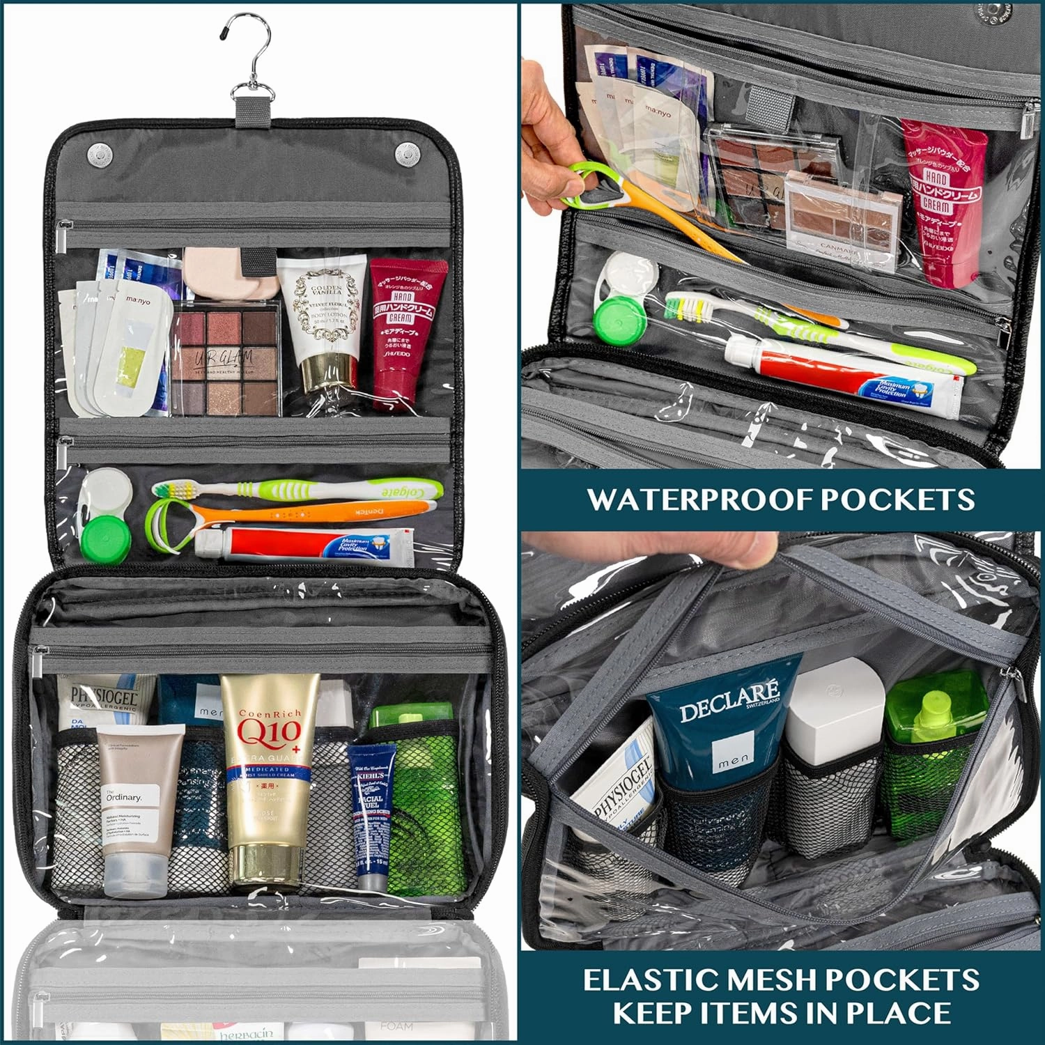 PAVILIA Hanging Toiletry Bag Women Men, Foldable Cosmetic Organizer Travel Bag, Water Resistant Makeup Bag Toiletries, Large Travel Essentials Kit (Black)