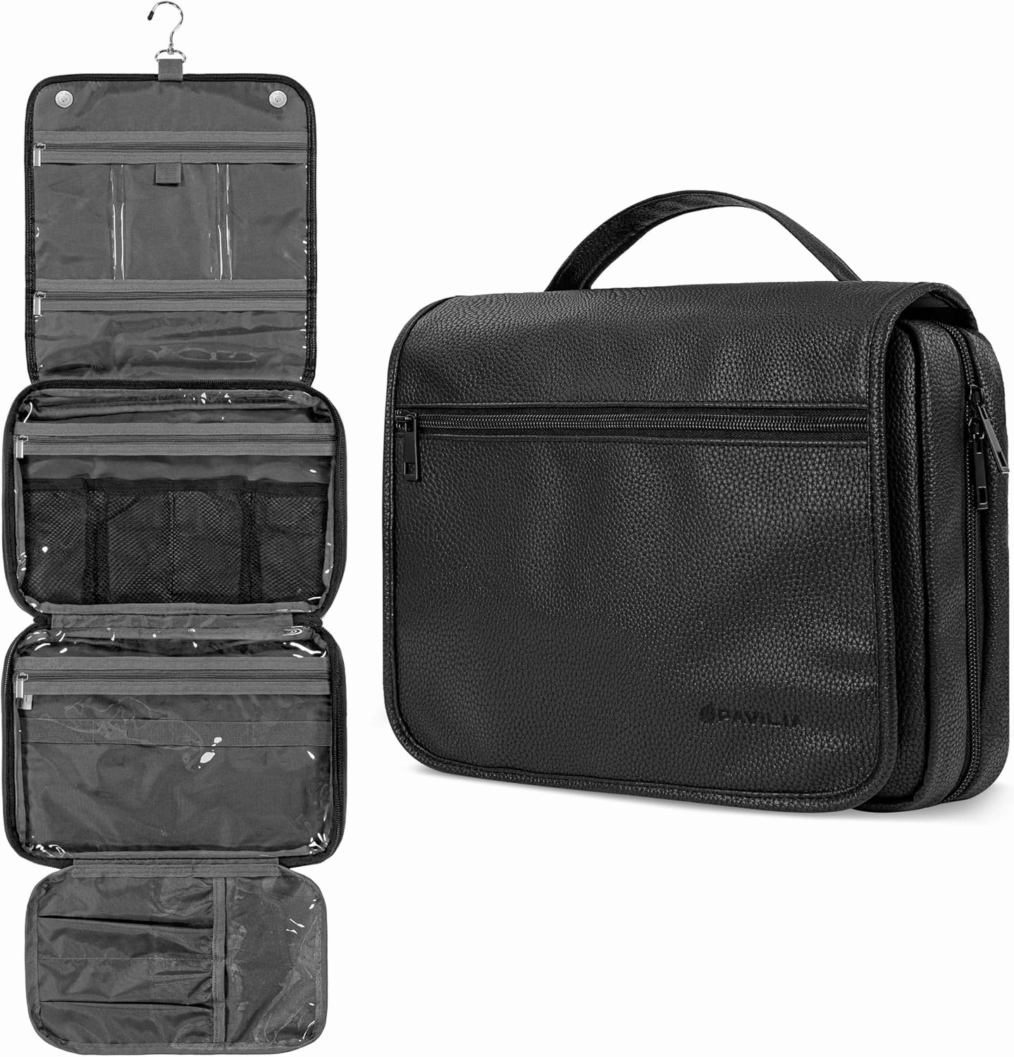 PAVILIA Hanging Toiletry Bag Women Men, Foldable Cosmetic Organizer Travel Bag, Water Resistant Makeup Bag Toiletries, Large Travel Essentials Kit (Black)