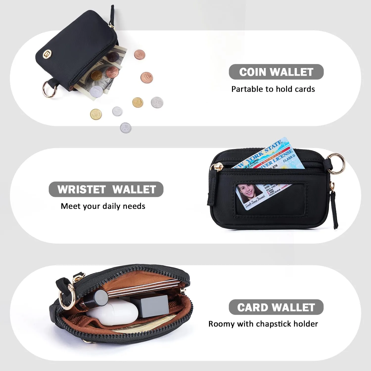 POIUGOYA Keychain Wristlet Wallet,Dual Pouch Wristlet Portable,Nylon RFID Coin Purse Small Wallet with key ring,ID Window