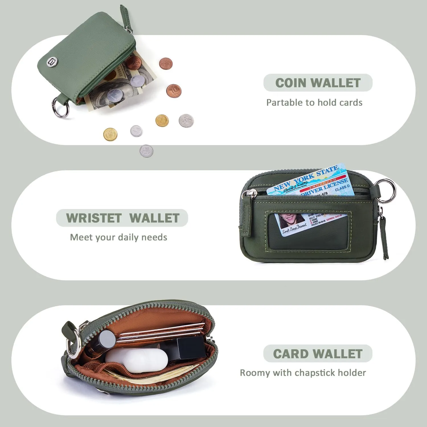 POIUGOYA Keychain Wristlet Wallet,Dual Pouch Wristlet Portable,Nylon RFID Coin Purse Small Wallet with key ring,ID Window