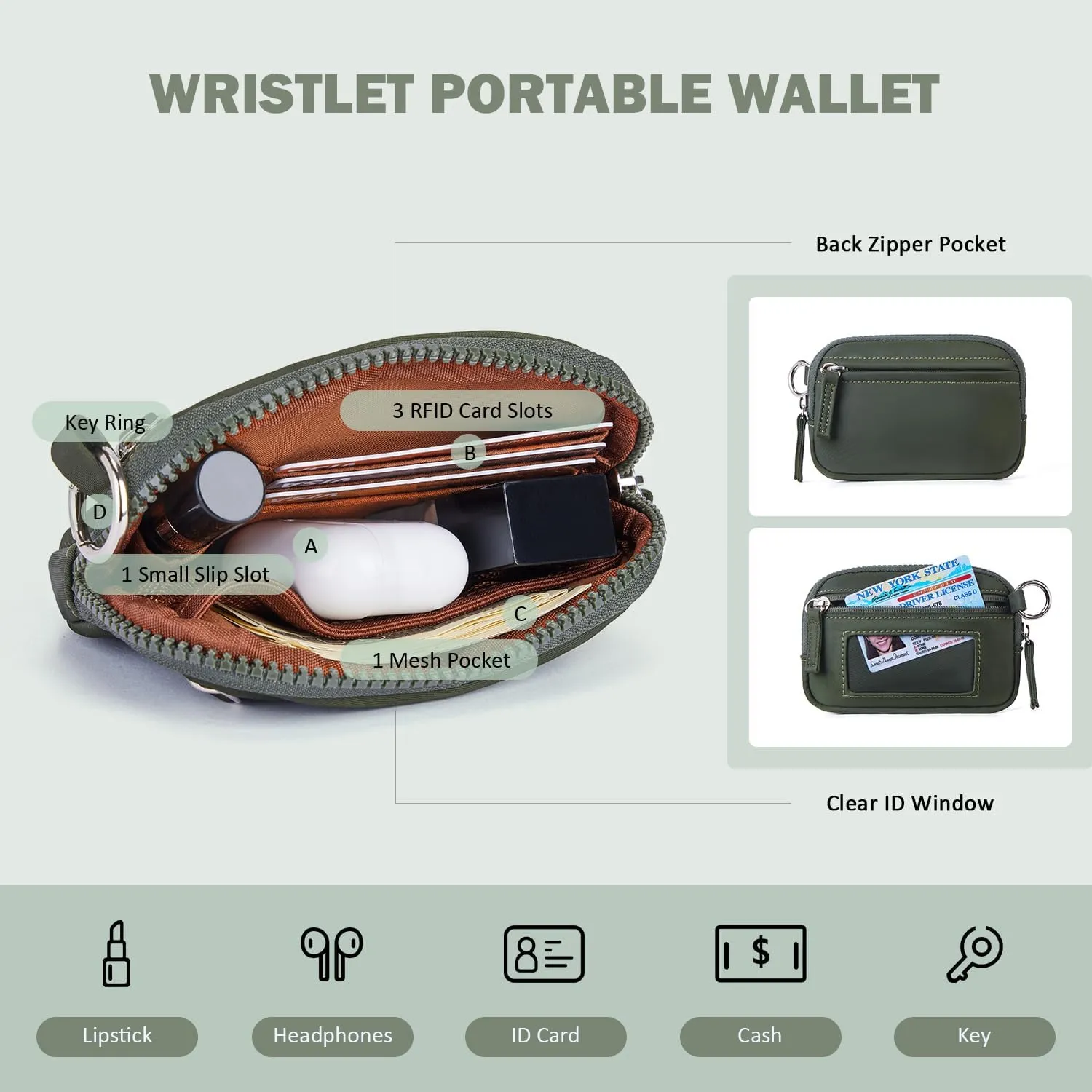 POIUGOYA Keychain Wristlet Wallet,Dual Pouch Wristlet Portable,Nylon RFID Coin Purse Small Wallet with key ring,ID Window
