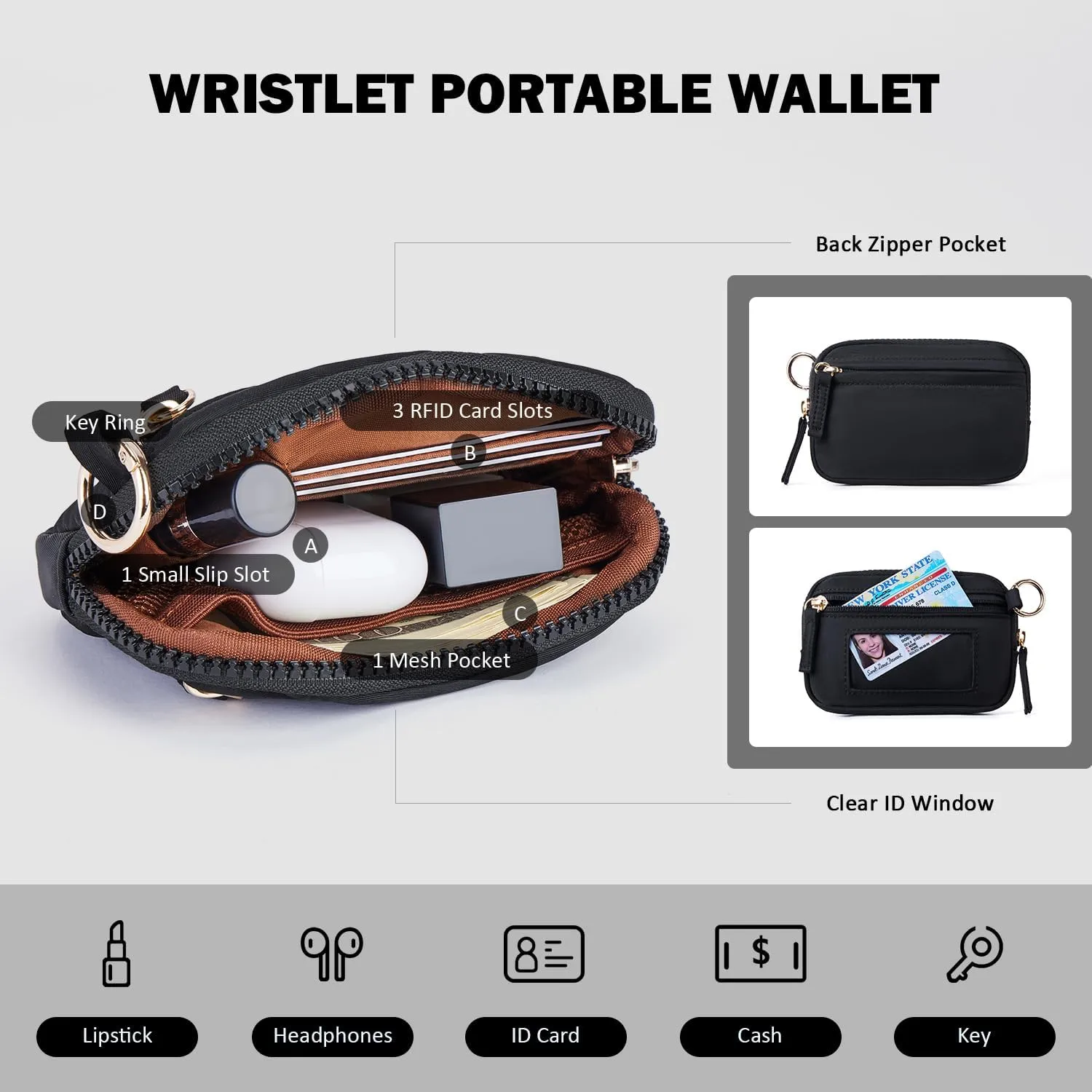 POIUGOYA Keychain Wristlet Wallet,Dual Pouch Wristlet Portable,Nylon RFID Coin Purse Small Wallet with key ring,ID Window