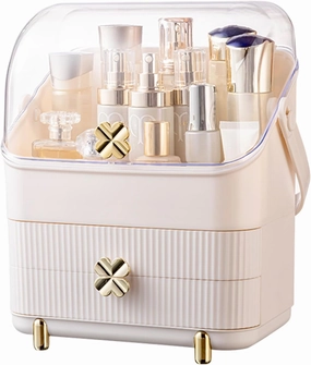 Preppy Skincare Organizers Makeup Organizer Holder Cosmetic Storage Box Display Case 3 Tiers Dust Free Cover Portable Handle 2 Rroomy Drawers Gift Great For Bathroom Countertop Dresser Ivory White