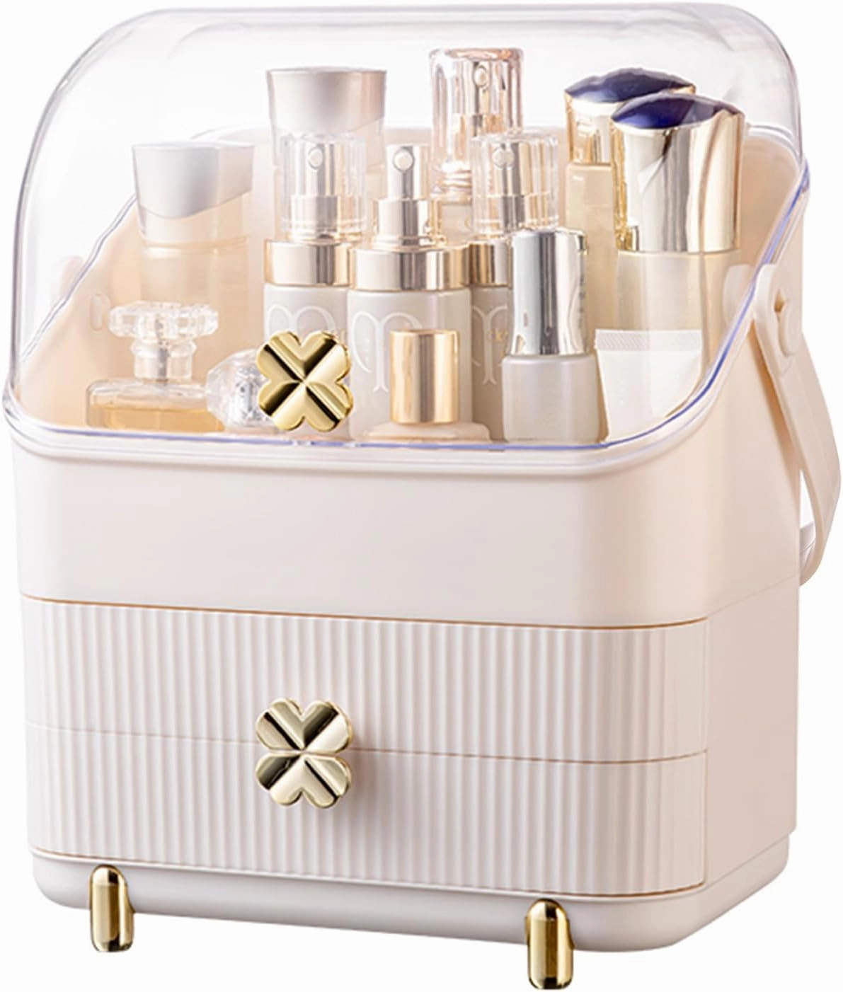 Preppy Skincare Organizers Makeup Organizer Holder Cosmetic Storage Box Display Case 3 Tiers Dust Free Cover Portable Handle 2 Rroomy Drawers Gift Great For Bathroom Countertop Dresser Ivory White