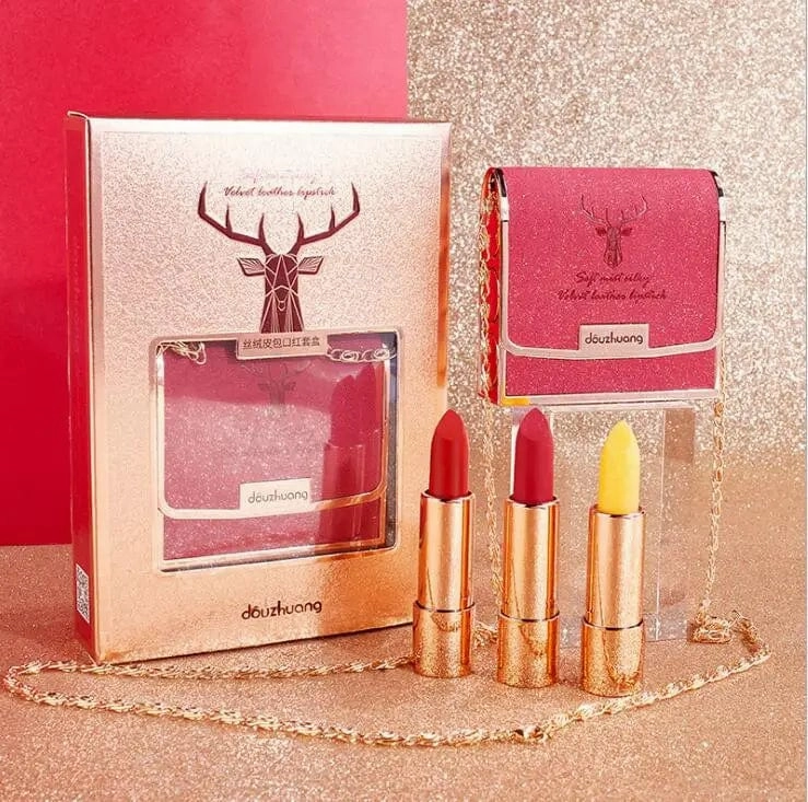 Private labels Glitter Bag Lipstick Matte Moisturizing Velvet lasting Temperature change Lip balm 3pcs in bag Fashion Makeup
