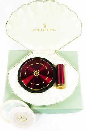 Rare Unused 1950s Clamshell Regent Of London Crimson Enamel Compact And Lipstick Holder