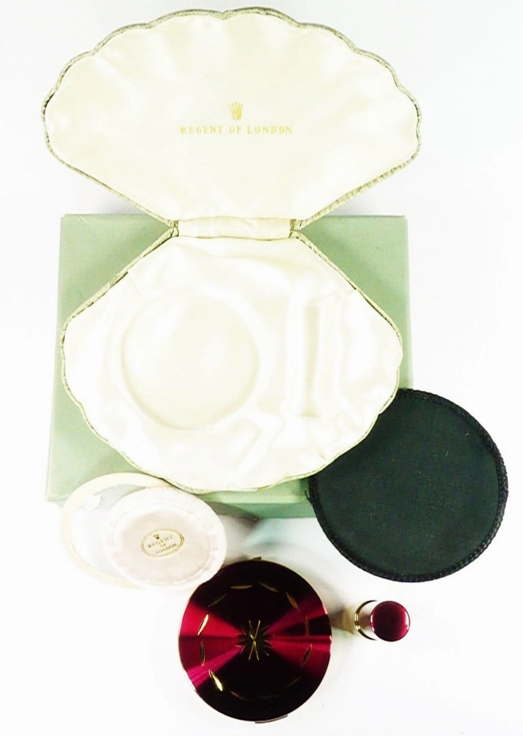 Rare Unused 1950s Clamshell Regent Of London Crimson Enamel Compact And Lipstick Holder
