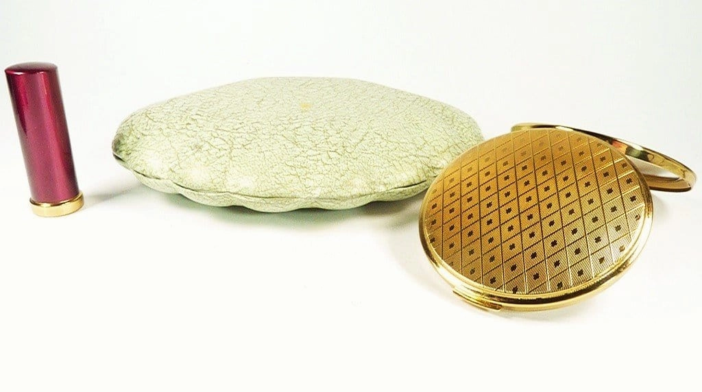 Rare Unused 1950s Clamshell Regent Of London Crimson Enamel Compact And Lipstick Holder