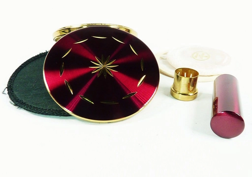 Rare Unused 1950s Clamshell Regent Of London Crimson Enamel Compact And Lipstick Holder