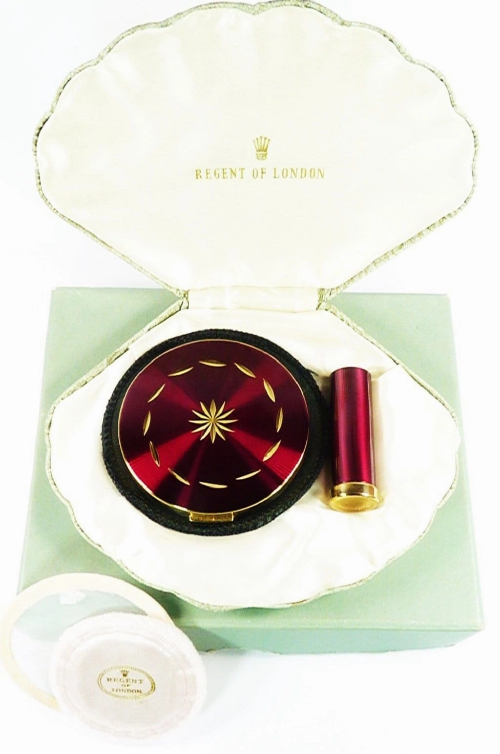 Rare Unused 1950s Clamshell Regent Of London Crimson Enamel Compact And Lipstick Holder