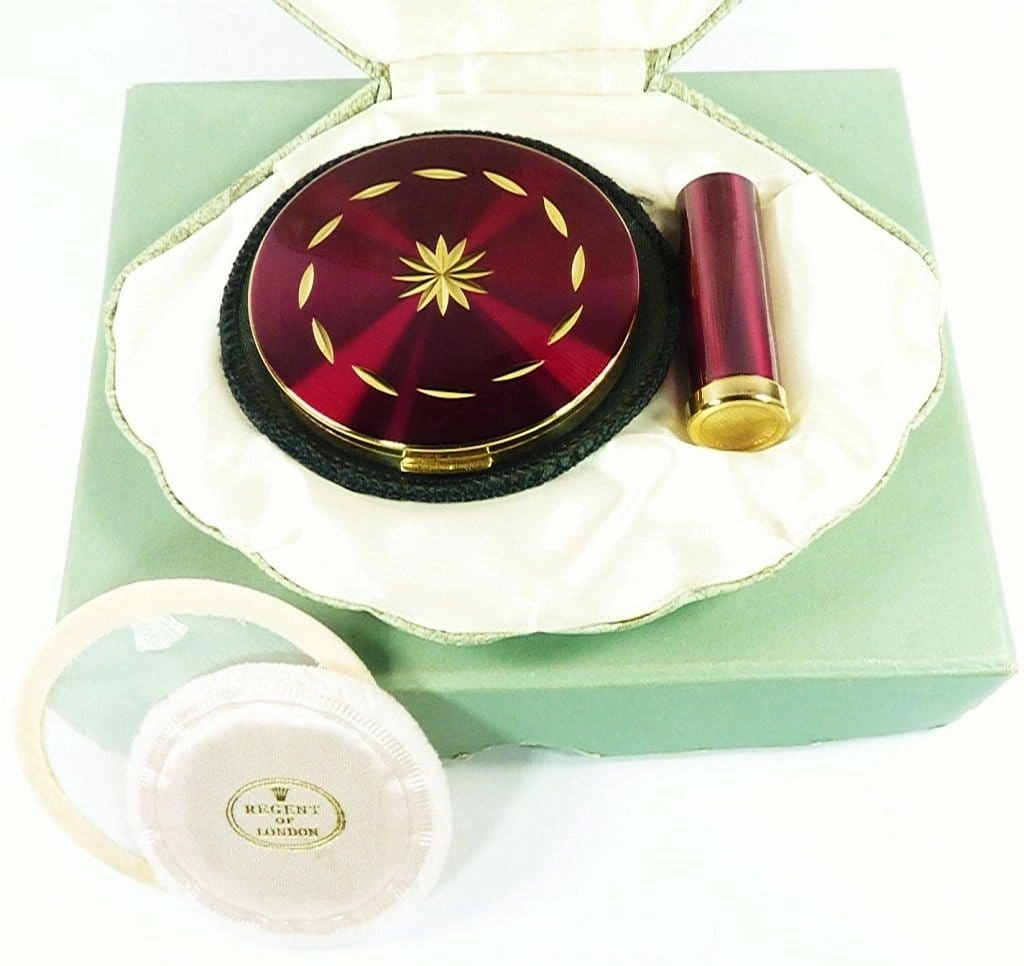 Rare Unused 1950s Clamshell Regent Of London Crimson Enamel Compact And Lipstick Holder