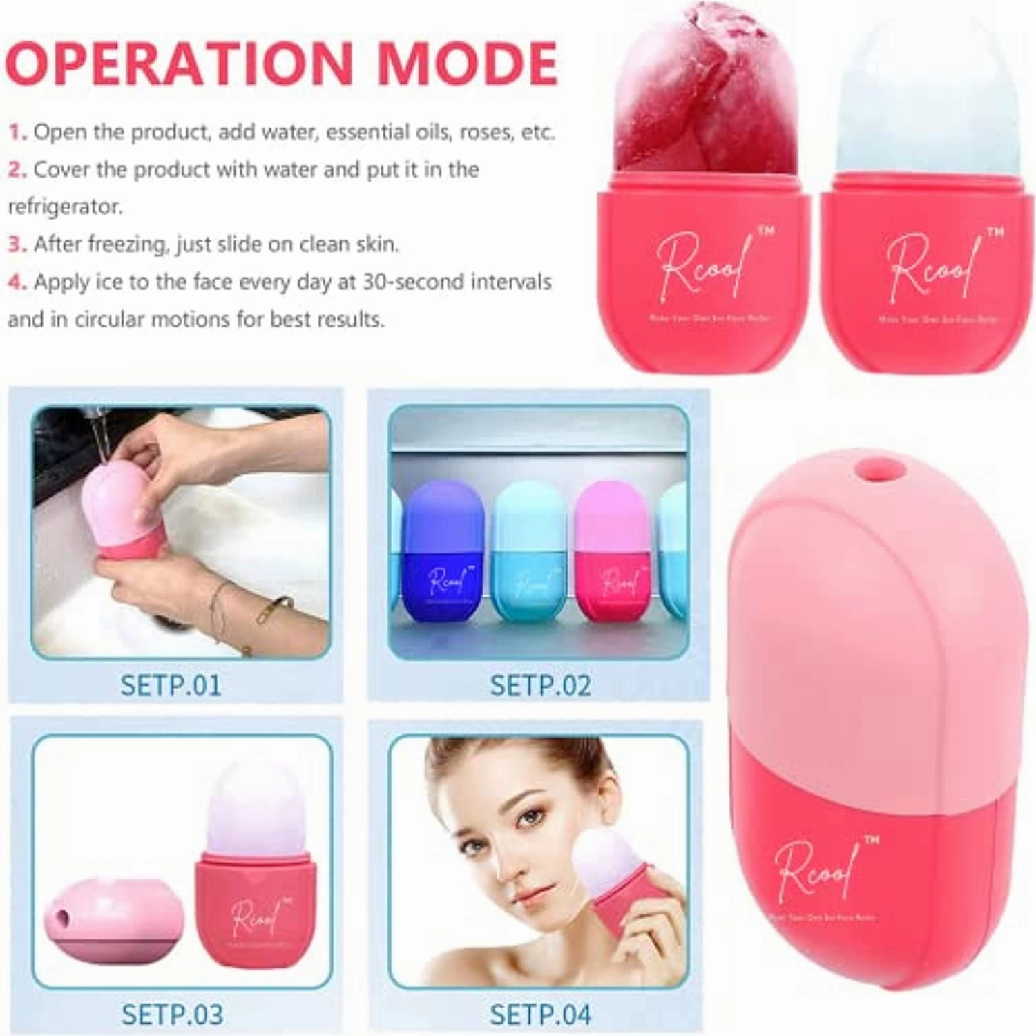 Rcool Ice Face Roller 2021& Gua Sha,Face Massager,Facial Beauty Ice Roller Skin Care Tools,Skin Care Products-For Face&Eyes,Remove Fine Lines,Shrink Pores,Reduce Acne and Lubricate the Skin. (Pink)