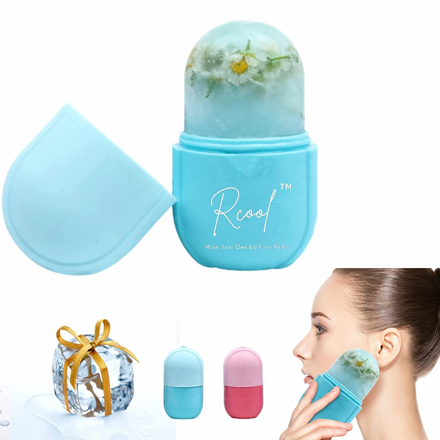 Rcool Ice Face Roller 2021& Gua Sha,Face Massager,Facial Beauty Ice Roller Skin Care Tools,Skin Care Products-For Face&Eyes,Remove Fine Lines,Shrink Pores,Reduce Acne and Lubricate the Skin. (Pink)