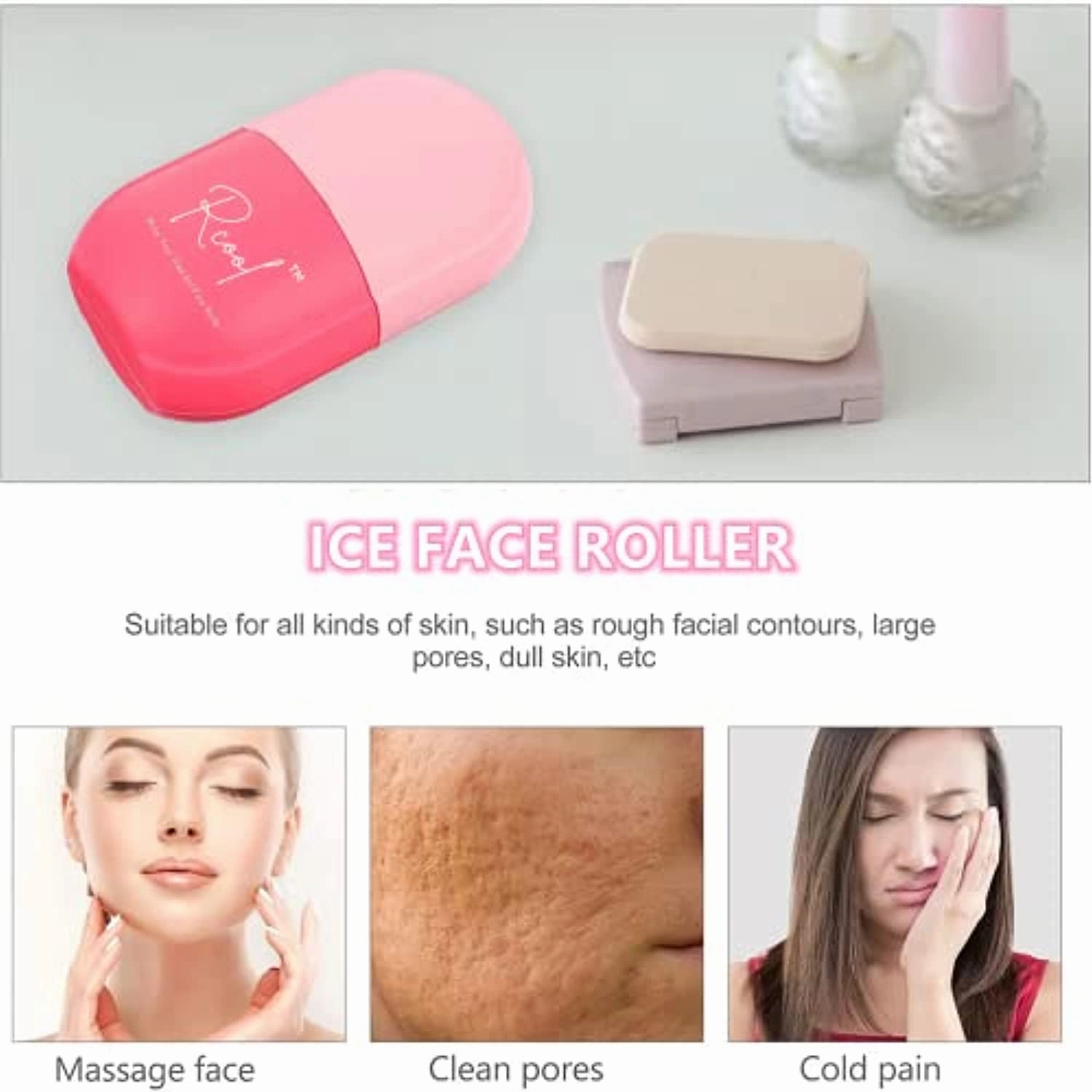 Rcool Ice Face Roller 2021& Gua Sha,Face Massager,Facial Beauty Ice Roller Skin Care Tools,Skin Care Products-For Face&Eyes,Remove Fine Lines,Shrink Pores,Reduce Acne and Lubricate the Skin. (Pink)