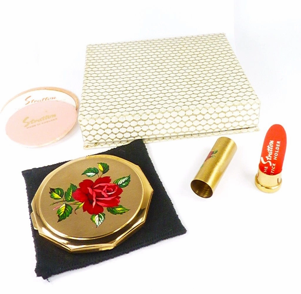 Red Roses Stratton Vanity Set In Original Box Unused 1960s