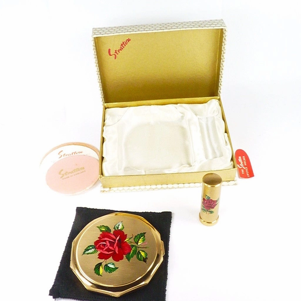Red Roses Stratton Vanity Set In Original Box Unused 1960s