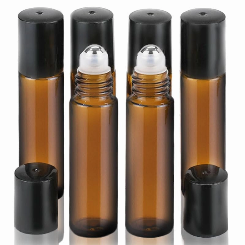Roller Bottles for Oils 10 Ml (Amber Glass, 6 Pack, 1 Extra Stainless Steel Balls, 12 Labels, 1 Opener, 1 Funnels Essential Oil Roller Bottles, Roller on Bottles