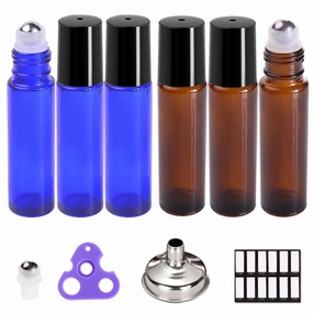 Roller Bottles for Oils 10 Ml (Amber Glass and Blue Glass, 6 Pack, 1 Extra Stainless Steel Balls, 12 Labels, 1 Opener, 1 Funnels Essential Oil Roller Bottles, Roller on Bottles