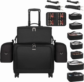 Rolling Makeup Bag Professional Makeup Artist Bags 4 in 1 Rolling Cosmetics Case Organizer Extra Large Trolley Travel Case with 360° Swivel Wheels and Adjustable Dividers