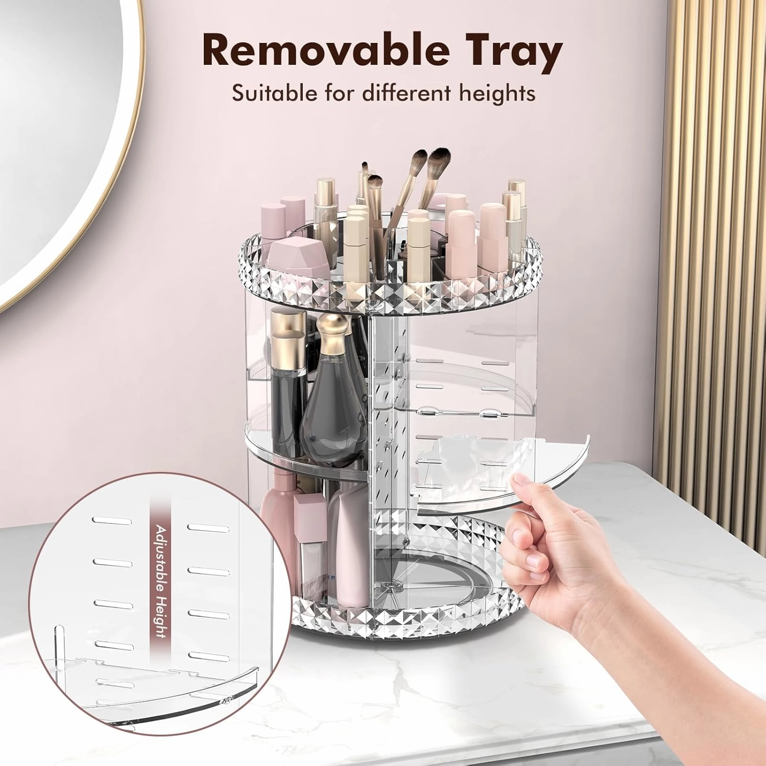 Rotating Makeup Organizer, 360° Spinning Skincare Organizers, Adjustable Layer Cosmetic Storage Lazy Susan Makeup Organizers for Dresser Bathroom, Medium, Clear