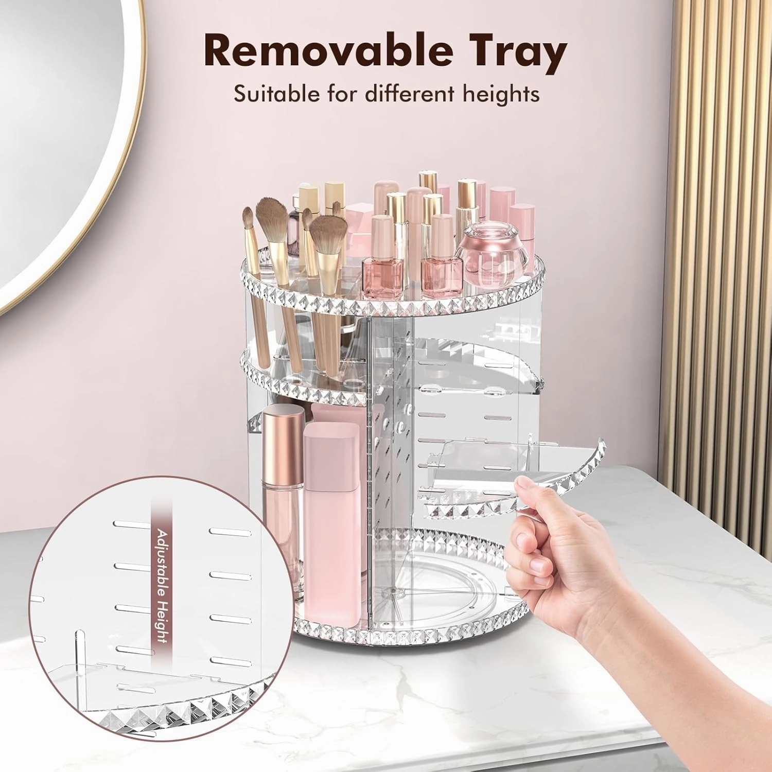 Rotating Makeup Organizer, Adjustable Vanity Organizer, Large Capacity Cosmetic Display Case for Spinning, Storage Carousel for Bathroom and Vanity Countertop, Diamond Pattern, Clear