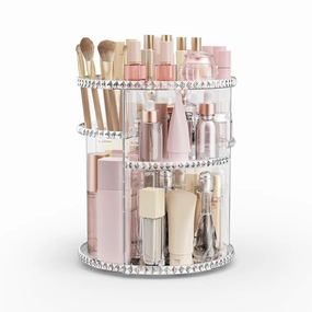 Rotating Makeup Organizer, Adjustable Vanity Organizer, Large Capacity Cosmetic Display Case for Spinning, Storage Carousel for Bathroom and Vanity Countertop, Diamond Pattern, Clear