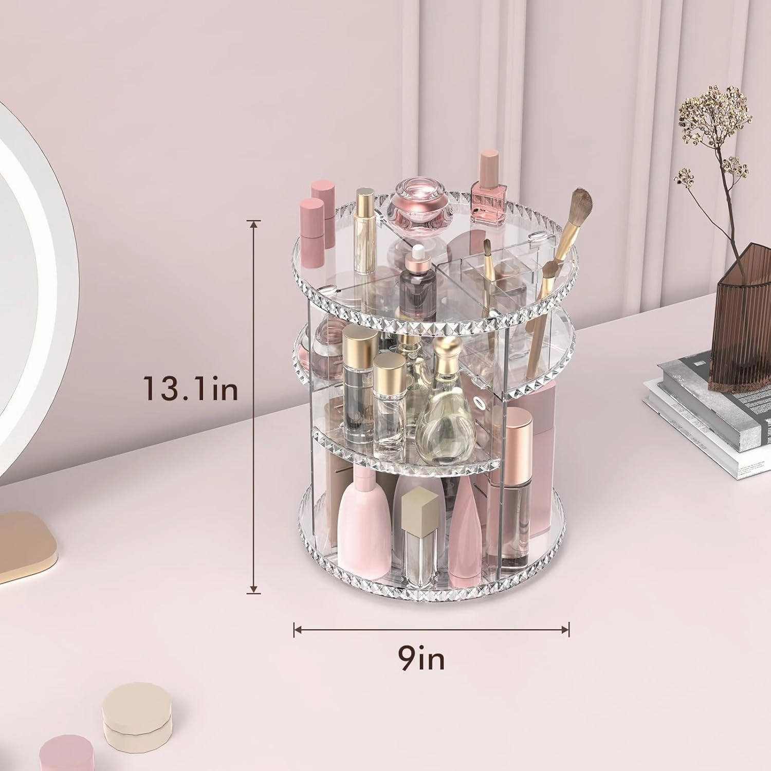 Rotating Makeup Organizer, Adjustable Vanity Organizer, Large Capacity Cosmetic Display Case for Spinning, Storage Carousel for Bathroom and Vanity Countertop, Diamond Pattern, Clear