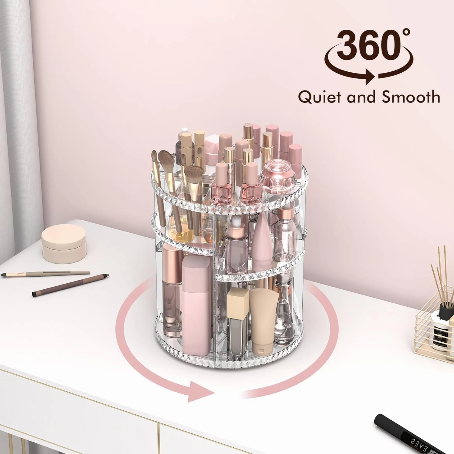 Rotating Makeup Organizer, Adjustable Vanity Organizer, Large Capacity Cosmetic Display Case for Spinning, Storage Carousel for Bathroom and Vanity Countertop, Diamond Pattern, Clear