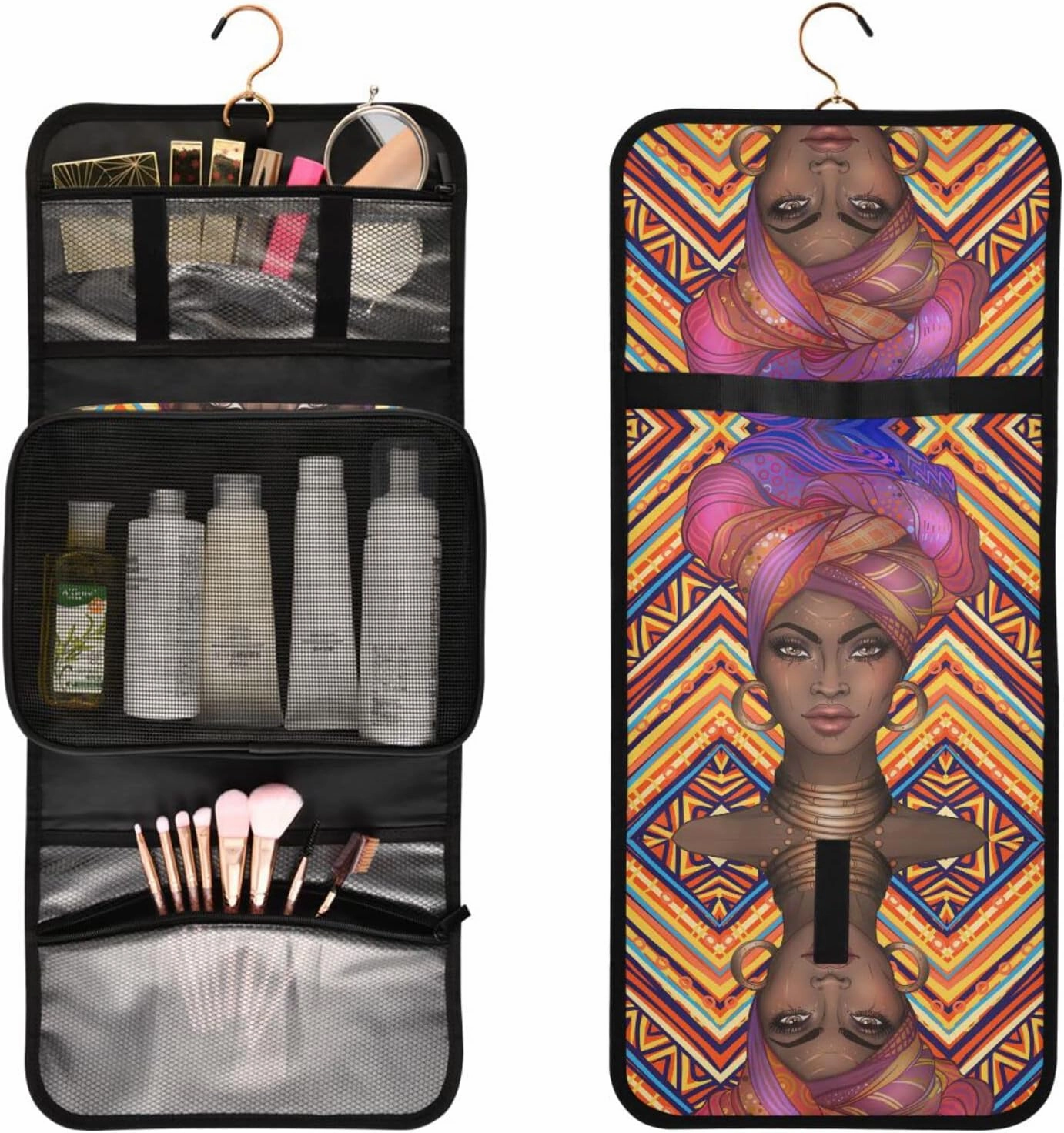 senya African American Woman Ethnic Toiletry Bag Hanging Travel Makeup Bag 3 PCS, Portable Makeup Organizer Cosmetic Bag Clear