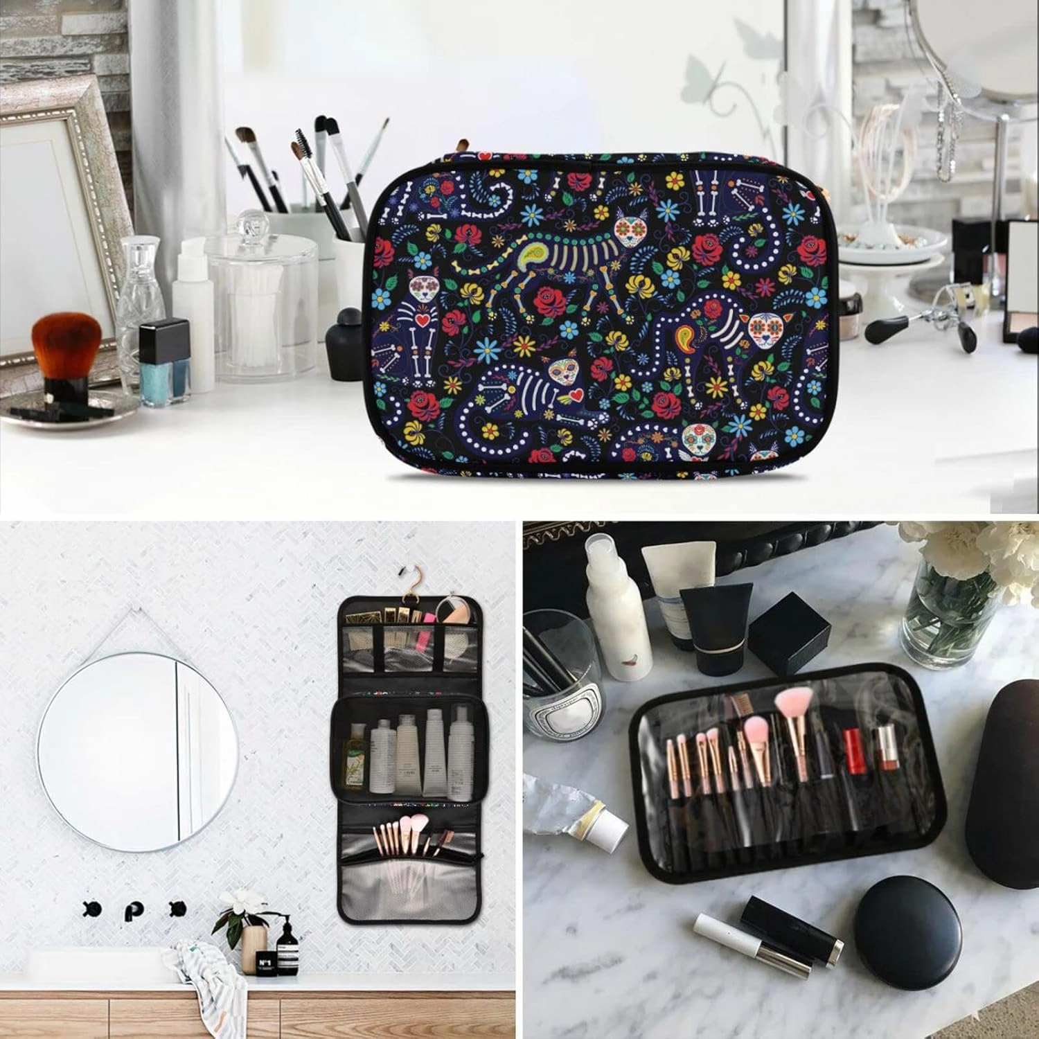 senya Cat Skull with Flowers Toiletry Bag Hanging Travel Makeup Bag 3 PCS, Portable Makeup Organizer Cosmetic Bag Clear