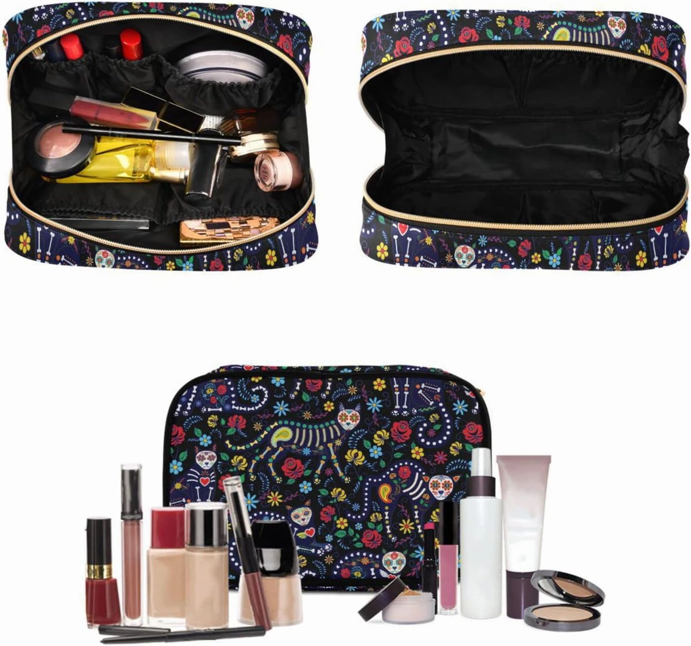 senya Cat Skull with Flowers Toiletry Bag Hanging Travel Makeup Bag 3 PCS, Portable Makeup Organizer Cosmetic Bag Clear