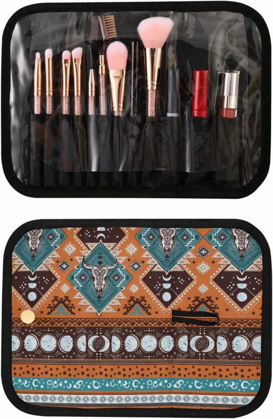 senya Indian Tribal Aztec Ornament with Skulls Toiletry Bag Hanging Travel Makeup Bag 3 PCS, Portable Makeup Organizer Cosmetic Bag Clear