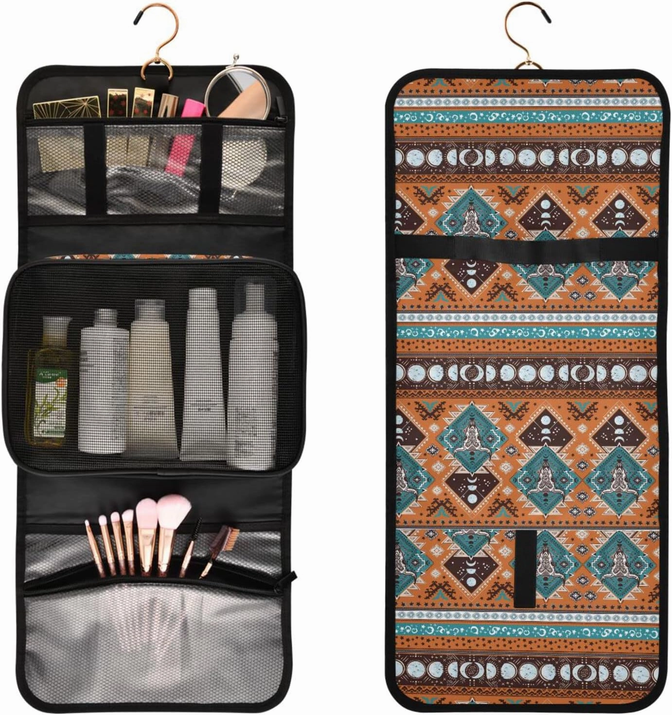 senya Indian Tribal Aztec Ornament with Skulls Toiletry Bag Hanging Travel Makeup Bag 3 PCS, Portable Makeup Organizer Cosmetic Bag Clear