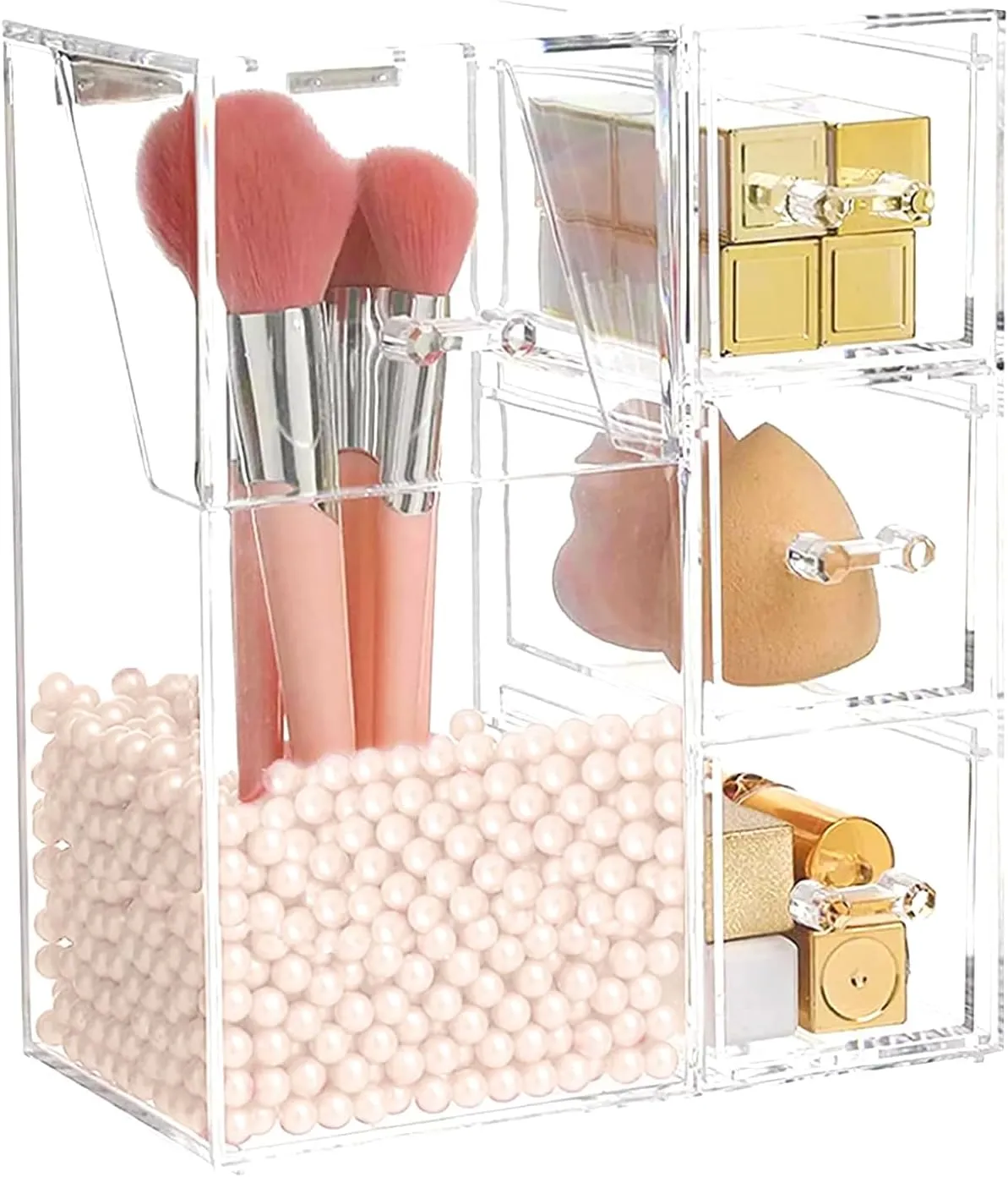 ShellKingdom Makeup Brush Holder,Clear Cosmetic Brushes Organizer With Drawer for Storage Brushes with Lid and Pearl for Dressing Tables and Vanity