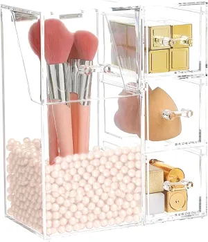 ShellKingdom Makeup Brush Holder,Clear Cosmetic Brushes Organizer With Drawer for Storage Brushes with Lid and Pearl for Dressing Tables and Vanity