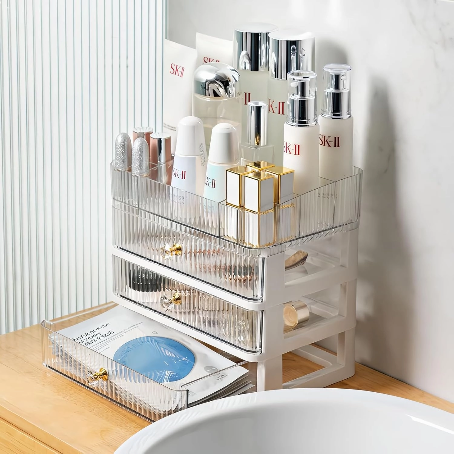 Simbuy Clear Makeup Organizer with 3 Drawers, Bathroom Organizer and Storage, Ideal for Desk and Dresser Vanity Countertop, Great for Cosmetics, Skincare, Perfume,Toiletry