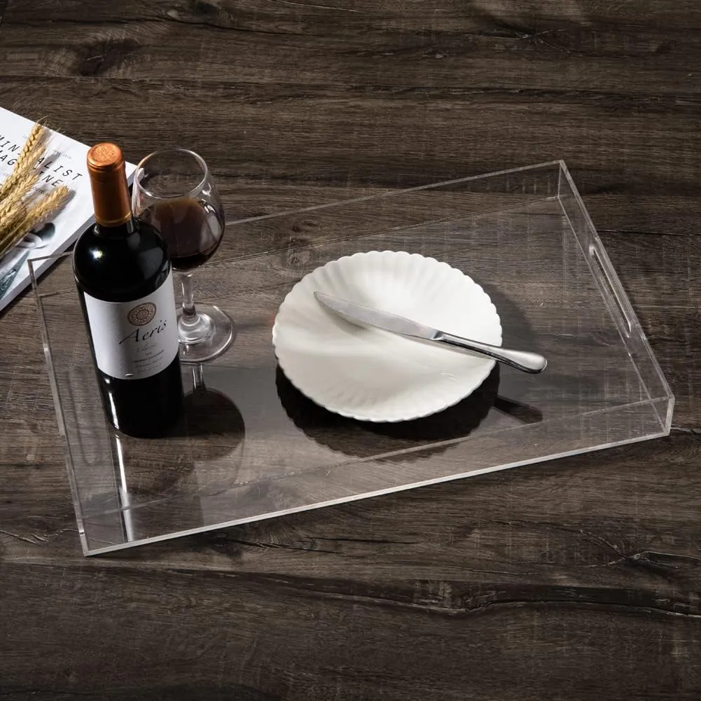 Sooyee Clear Acrylic Tray Decorative,16" x 12" Plastic Serving Trays for Coffee Table,Kitchen,Bathroom,Food,Vanity Countertop,Large Ottoman Tray with Handles