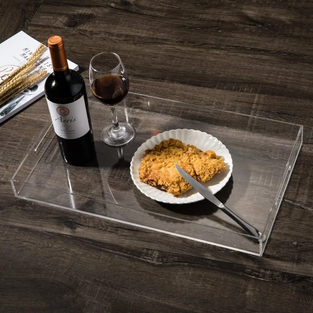 Sooyee Clear Acrylic Tray Decorative,16" x 12" Plastic Serving Trays for Coffee Table,Kitchen,Bathroom,Food,Vanity Countertop,Large Ottoman Tray with Handles