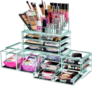Sorbus Large Makeup Organizer - Clear Stackable Jewelry & Makeup Organizer For Vanity, Bathroom Storage, Dresser - 12 Drawers Cosmetic Beauty Organizers and Storage with Lipstick, Makeup Brush Holder