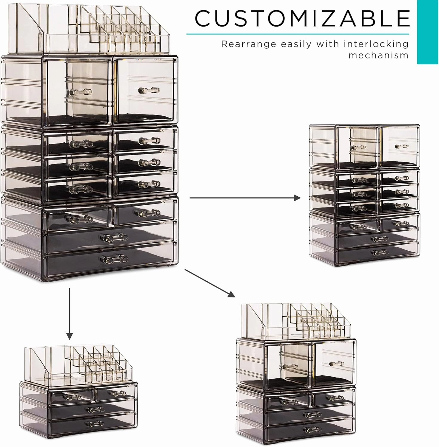 Sorbus Large Makeup Organizer - Clear Stackable Jewelry & Makeup Organizer For Vanity, Bathroom Storage, Dresser - 12 Drawers Cosmetic Beauty Organizers and Storage with Lipstick, Makeup Brush Holder