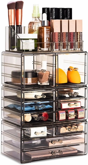 Sorbus Large Makeup Organizer - Clear Stackable Jewelry & Makeup Organizer For Vanity, Bathroom Storage, Dresser - 12 Drawers Cosmetic Beauty Organizers and Storage with Lipstick, Makeup Brush Holder