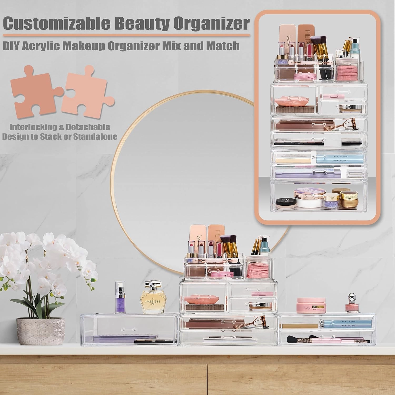 Sorbus Stackable Acrylic Drawers - 2 Clear Storage Drawers for Organizing Make up Palettes, Nail Polish, Hair Accessories, Cosmetics & Beauty Supplies - Makeup Organizer for Vanity, Bathroom Organizer