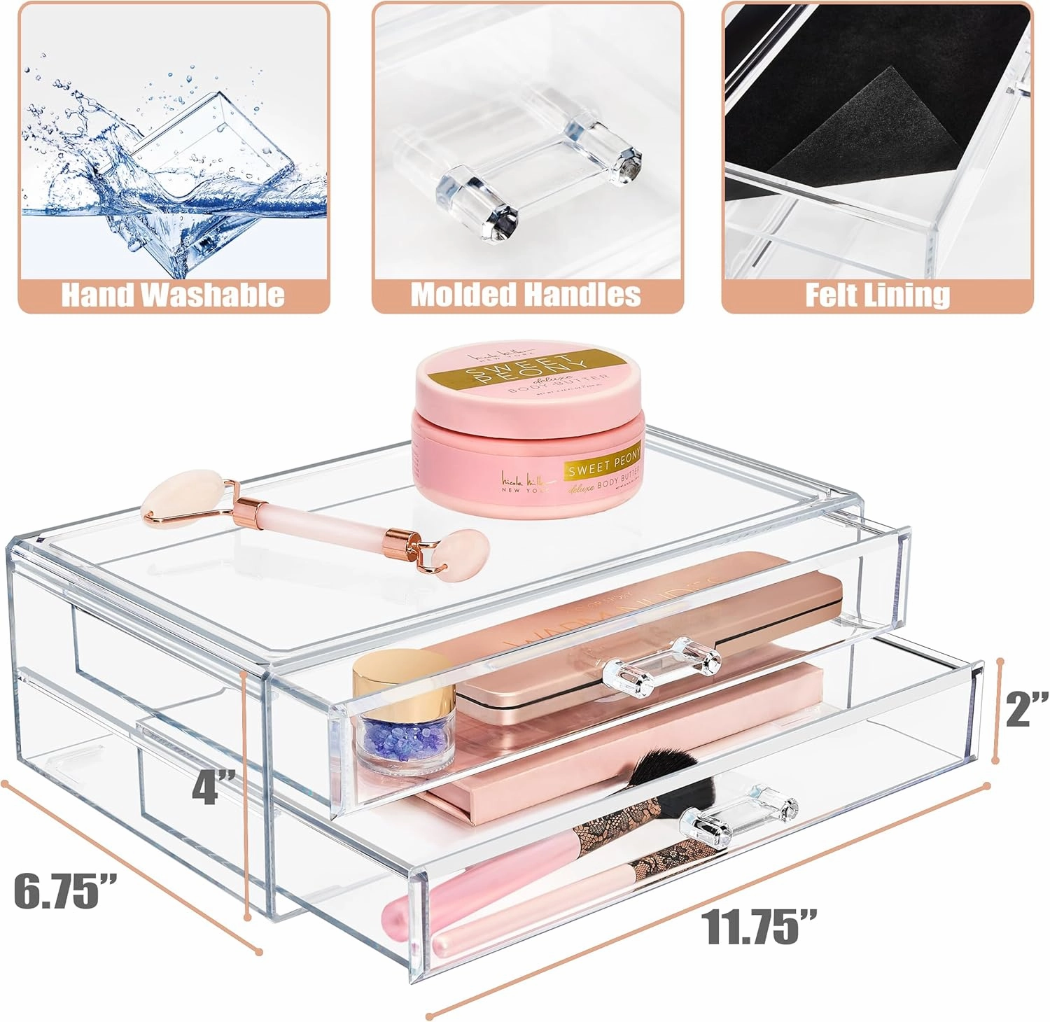 Sorbus Stackable Acrylic Drawers - 2 Clear Storage Drawers for Organizing Make up Palettes, Nail Polish, Hair Accessories, Cosmetics & Beauty Supplies - Makeup Organizer for Vanity, Bathroom Organizer
