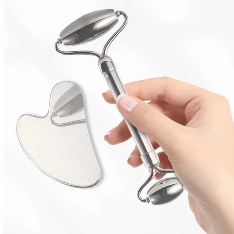 Stainless Steel Facial Roller & Gua Sha Set - Anti-Wrinkle Cooling Massage Tools