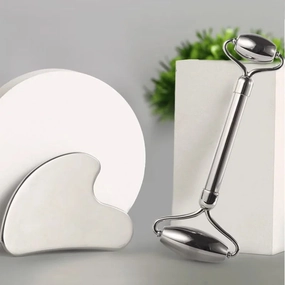 Stainless Steel Facial Roller & Gua Sha Set - Anti-Wrinkle Cooling Massage Tools