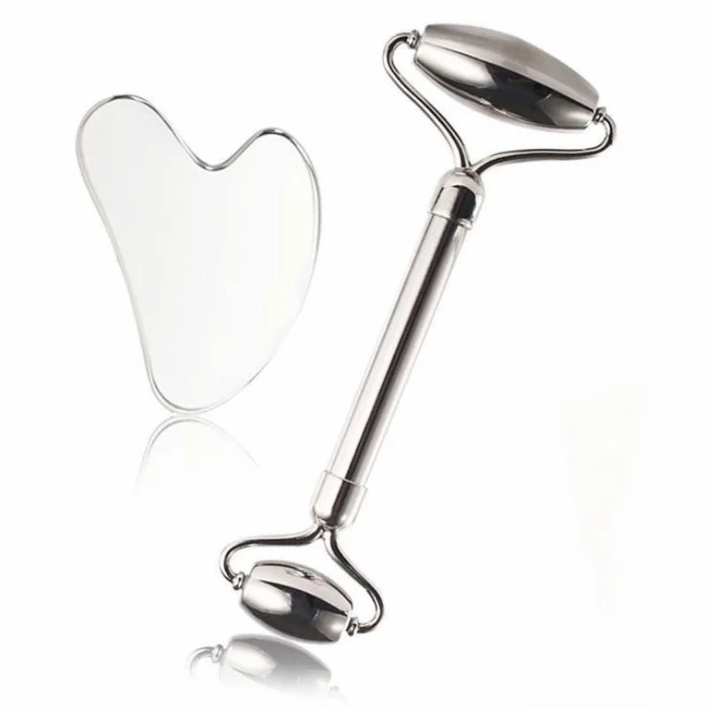 Stainless Steel Facial Roller & Gua Sha Set - Anti-Wrinkle Cooling Massage Tools