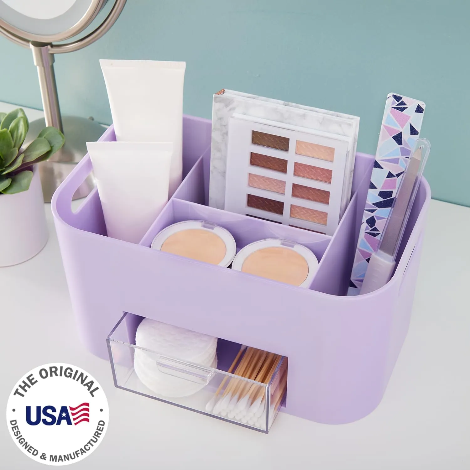 STORi Bliss Lilac Purple Makeup Organizer for Countertop, Divided Bathroom Organizer & Storage Drawer, Makeup Brush Holder, Cosmetic & Nail Polish Organizer, Made in USA