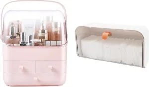 SUNFICON Makeup Organizer Holder Cosmetic Storage Box and Wall Mounted Cotton Pads Holder